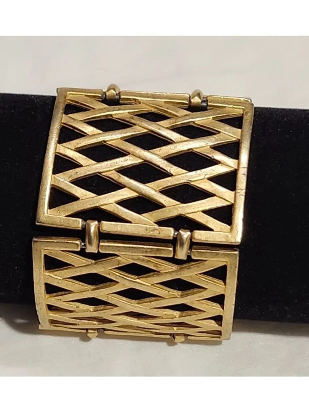 Vintage Gold-Tone Wide Link Bracelet Lattice Design